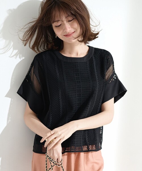 自由区(ジユウク)の「レースエッジ Tシャツ&タンクトップセット トップス(Tシャツ/カットソー・レディース・アイボリー系/ダルブルー系/ダークブラウン系/ブラック/グレー系・44)」の1枚目の写真