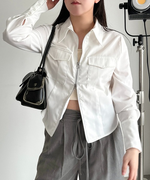 apres jour mignon(アプレジュールミニョン)の「ダブルジップシャツブルゾン【ZOZOTOWN限定アイテム】(シャツ/ブラウス・レディース・ブルー/オフホワイト/グレー・フリー/X-LARGE)」の7枚目の写真