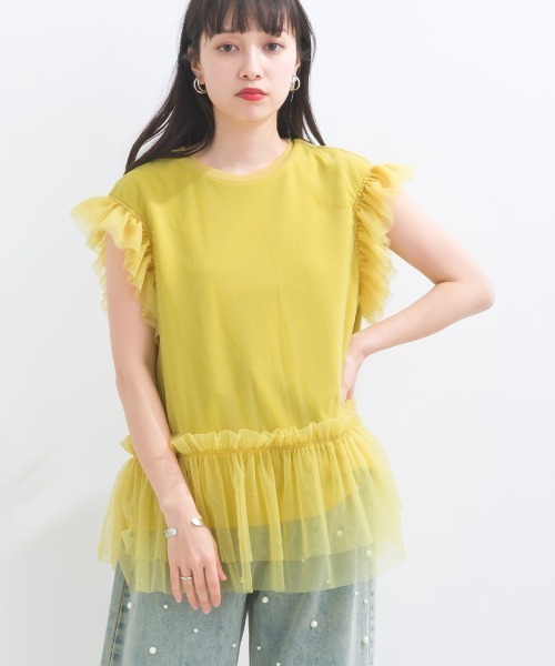 terrace(テラス)の「フリルチュールレースノースリーブ(Tシャツ/カットソー・レディース・イエロー/ブラック/オフホワイト/ブルー・MEDIUM)」の4枚目の写真