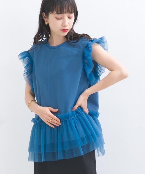 terrace(テラス)の「フリルチュールレースノースリーブ(Tシャツ/カットソー・レディース・イエロー/ブラック/オフホワイト/ブルー・MEDIUM)」の3枚目の写真