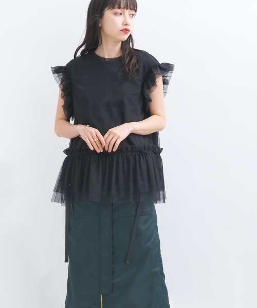 terrace(テラス)の「フリルチュールレースノースリーブ(Tシャツ/カットソー・レディース・イエロー/ブラック/オフホワイト/ブルー・MEDIUM)」の2枚目の写真