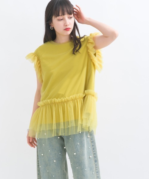 terrace(テラス)の「フリルチュールレースノースリーブ(Tシャツ/カットソー・レディース・イエロー/ブラック/オフホワイト/ブルー・MEDIUM)」の5枚目の写真