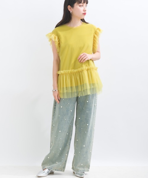 terrace(テラス)の「フリルチュールレースノースリーブ(Tシャツ/カットソー・レディース・イエロー/ブラック/オフホワイト/ブルー・MEDIUM)」の8枚目の写真