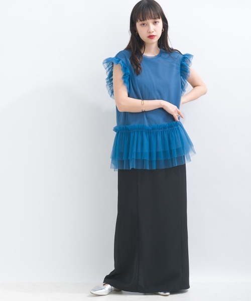 terrace(テラス)の「フリルチュールレースノースリーブ(Tシャツ/カットソー・レディース・イエロー/ブラック/オフホワイト/ブルー・MEDIUM)」の17枚目の写真