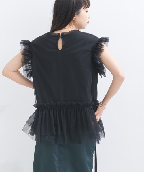 terrace(テラス)の「フリルチュールレースノースリーブ(Tシャツ/カットソー・レディース・イエロー/ブラック/オフホワイト/ブルー・MEDIUM)」の19枚目の写真