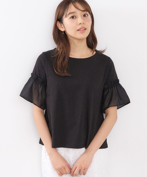 tシャツ フレア袖ドッキングトップス レディース セール】ドッキングフレアトップス【洗濯機洗い可/接触冷感/吸水
