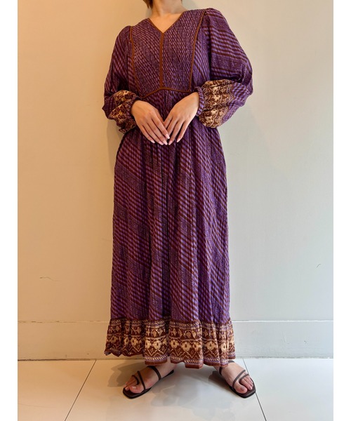 セール】COTTON STRIPE ETHNIC PRINT DRESS（ワンピース）｜sara