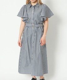 《フレアスリーブ×ストライプ》レディース シャツワンピース ベルト付き 春夏秋