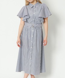 《フレアスリーブ×ストライプ》レディース シャツワンピース ベルト付き 春夏秋