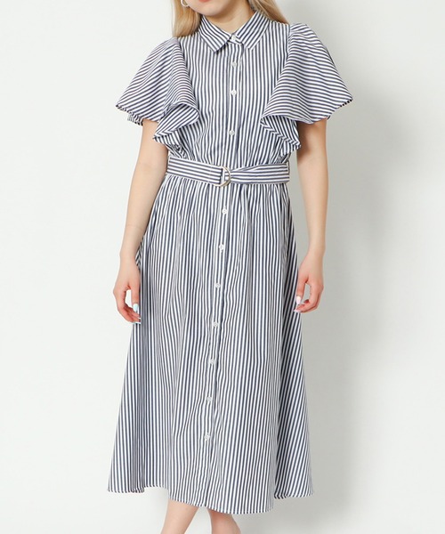 GORGE(ゴージ)の「《フレアスリーブ×ストライプ》レディース シャツワンピース ベルト付き 春夏秋(ワンピース・レディース・ネイビー/ブルー系その他/サックスブルー・F)」の2枚目の写真