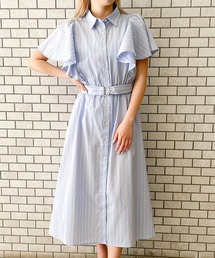 《フレアスリーブ×ストライプ》レディース シャツワンピース ベルト付き 春夏秋