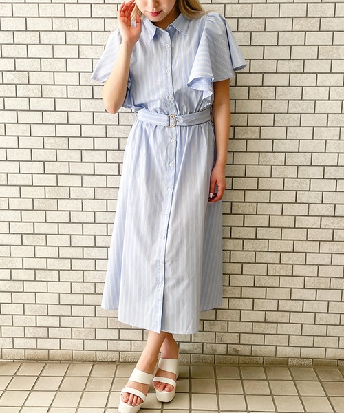 GORGE(ゴージ)の「《フレアスリーブ×ストライプ》レディース シャツワンピース ベルト付き 春夏秋(ワンピース・レディース・ネイビー/ブルー系その他/サックスブルー・F)」の4枚目の写真