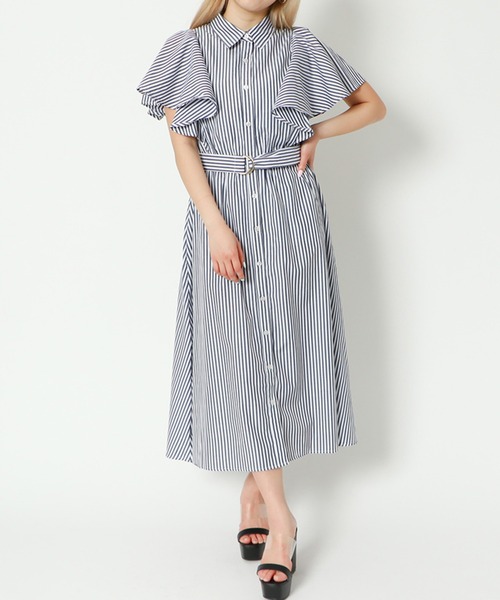 GORGE(ゴージ)の「《フレアスリーブ×ストライプ》レディース シャツワンピース ベルト付き 春夏秋(ワンピース・レディース・ネイビー/ブルー系その他/サックスブルー・F)」の5枚目の写真