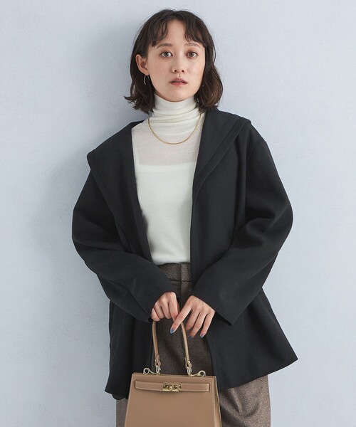 green label relaxing（グリーンレーベルリラクシング）の「フルイド フーディ オーバー カットソー カーディガン（カーディガン/ボレロ・レディース・ブラック/モカ・FREE）」の2枚目の写真