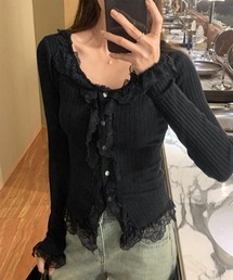 by muni:r | レースUネックリブニットカーディガン(ニット/セーター)