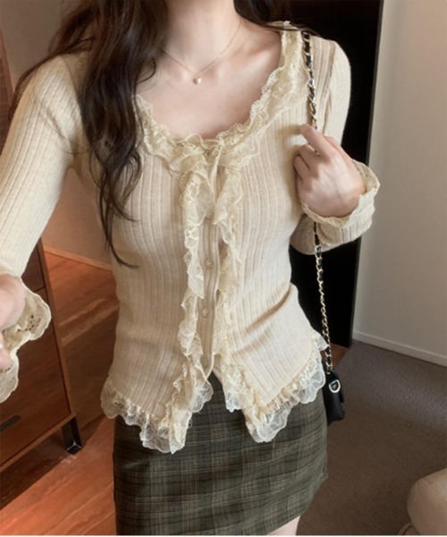 セール】レースUネックリブニットカーディガン（ニット/セーター）｜by