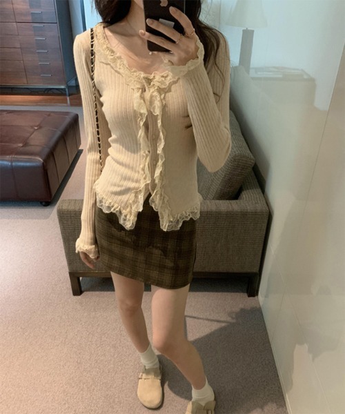 セール】レースUネックリブニットカーディガン（ニット/セーター）｜by