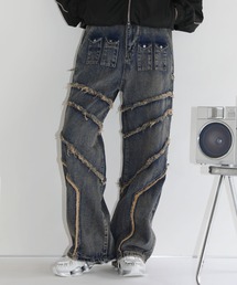 ヴィンテージ加工フリンジ切替ワイドストレートバギーデニムパンツ