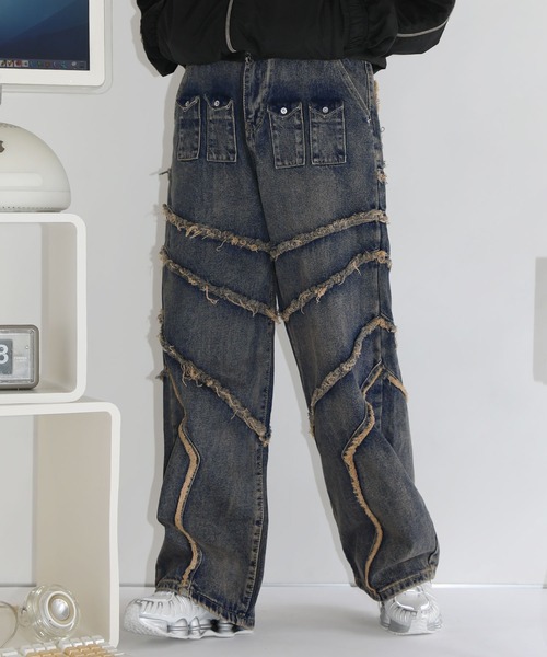 セール】ヴィンテージ加工フリンジ切替ワイドストレートバギー