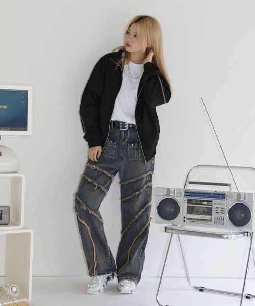 セール】ヴィンテージ加工フリンジ切替ワイドストレートバギー