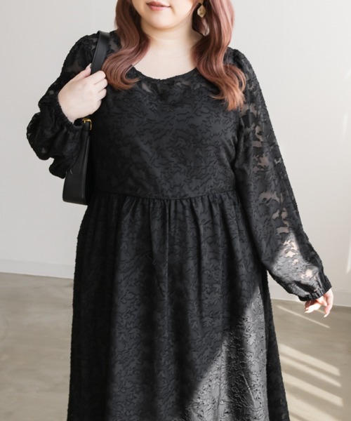 CLETTE(クレット)の「ジャガード花柄シアーワンピース(ワンピース・レディース・ブラック/アイボリー/グレー・LL/3L/4L)」の10枚目の写真