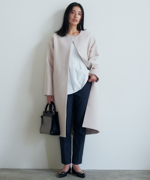 THE SHOP TK （ザ ショップ ティーケー ）の「◆ダブルクロスノーカラーロングコート（ノーカラーコート・レディース・ライトベージュ/ブラック・12/13）」の3枚目の写真