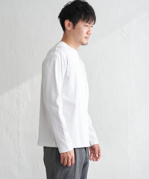 LOHEN ボトルネック レイヤードブルゾン　ホワイト タテ畝ストレッチポンチ フェイクレイヤード キーネックTシャツ（長袖