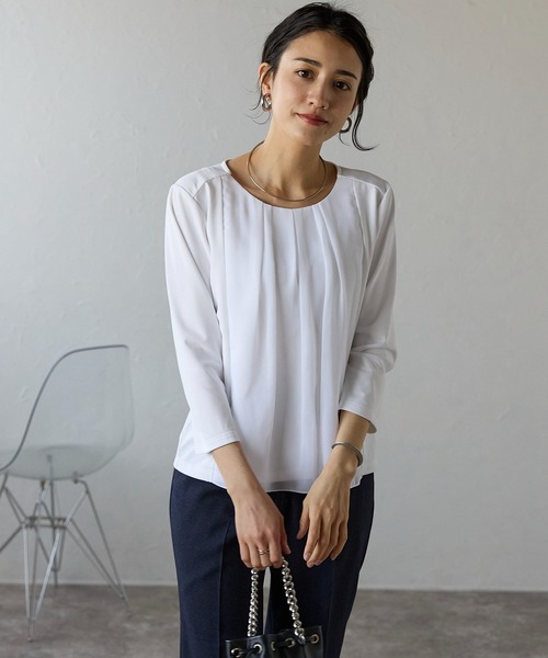 etre pret(エトレプレ)の「多サイズ展開 シフォン切替七分袖カットソー(Tシャツ/カットソー・レディース・ホワイト/ブラック・3L/M/L/LL/S)」の1枚目の写真