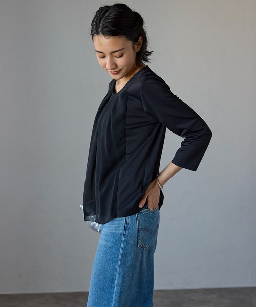 etre pret(エトレプレ)の「多サイズ展開 シフォン切替七分袖カットソー(Tシャツ/カットソー・レディース・ホワイト/ブラック・3L/M/L/LL/S)」の2枚目の写真