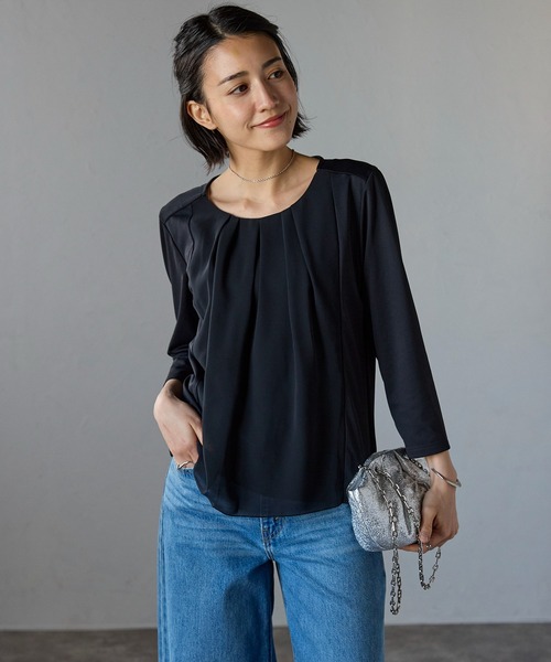 etre pret(エトレプレ)の「多サイズ展開 シフォン切替七分袖カットソー(Tシャツ/カットソー・レディース・ホワイト/ブラック・3L/M/L/LL/S)」の13枚目の写真