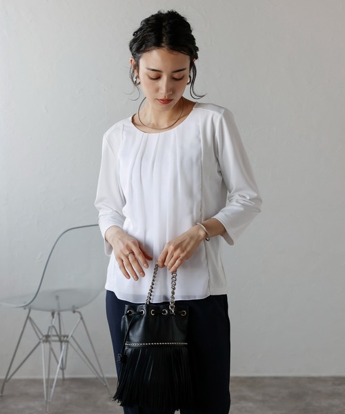 etre pret(エトレプレ)の「多サイズ展開 シフォン切替七分袖カットソー(Tシャツ/カットソー・レディース・ホワイト/ブラック・3L/M/L/LL/S)」の3枚目の写真