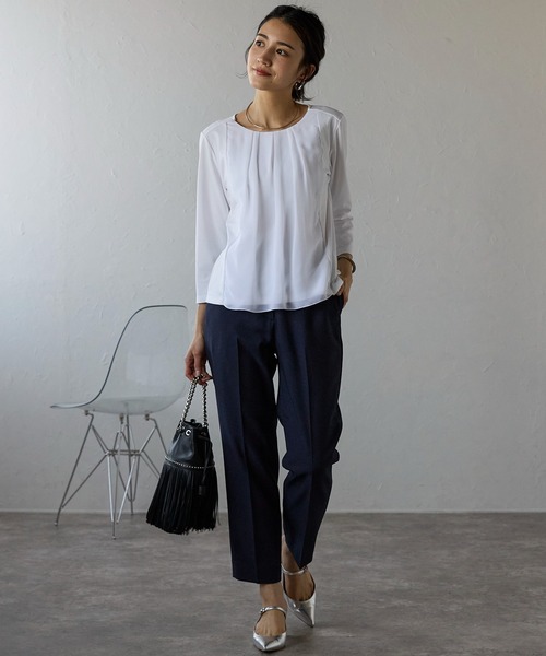 etre pret(エトレプレ)の「多サイズ展開 シフォン切替七分袖カットソー(Tシャツ/カットソー・レディース・ホワイト/ブラック・3L/M/L/LL/S)」の6枚目の写真