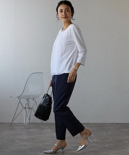 etre pret(エトレプレ)の「多サイズ展開 シフォン切替七分袖カットソー(Tシャツ/カットソー・レディース・ホワイト/ブラック・3L/M/L/LL/S)」の7枚目の写真