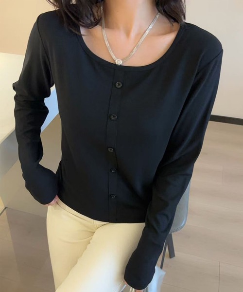 aimoha(アイモハ)の「ボタンデザインシンプルラウンドネック長袖トップス(Tシャツ/カットソー・レディース・ブラック/ホワイト/ダークグレー/チョコ/ワインレッド・FREE)」の3枚目の写真