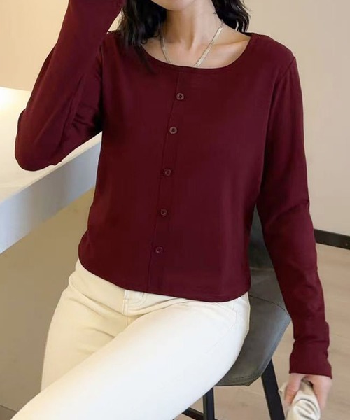 aimoha(アイモハ)の「ボタンデザインシンプルラウンドネック長袖トップス(Tシャツ/カットソー・レディース・ブラック/ホワイト/ダークグレー/チョコ/ワインレッド・FREE)」の5枚目の写真