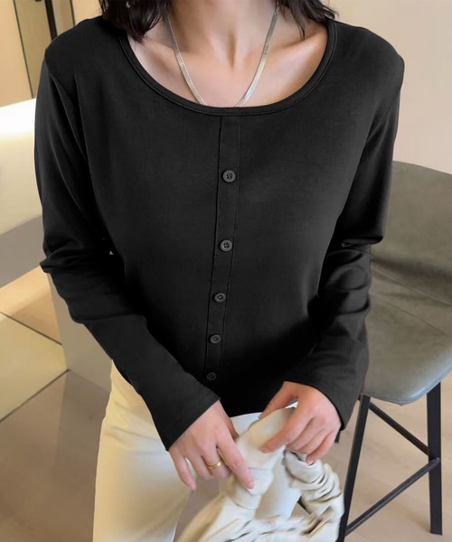 aimoha(アイモハ)の「ボタンデザインシンプルラウンドネック長袖トップス(Tシャツ/カットソー・レディース・ブラック/ホワイト/ダークグレー/チョコ/ワインレッド・FREE)」の7枚目の写真