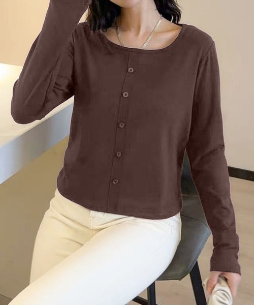 aimoha(アイモハ)の「ボタンデザインシンプルラウンドネック長袖トップス(Tシャツ/カットソー・レディース・ブラック/ホワイト/ダークグレー/チョコ/ワインレッド・FREE)」の9枚目の写真