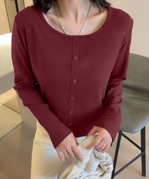 aimoha(アイモハ)の「ボタンデザインシンプルラウンドネック長袖トップス(Tシャツ/カットソー・レディース・ブラック/ホワイト/ダークグレー/チョコ/ワインレッド・FREE)」の10枚目の写真