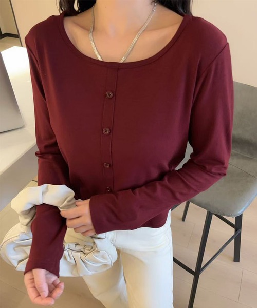 aimoha(アイモハ)の「ボタンデザインシンプルラウンドネック長袖トップス(Tシャツ/カットソー・レディース・ブラック/ホワイト/ダークグレー/チョコ/ワインレッド・FREE)」の11枚目の写真