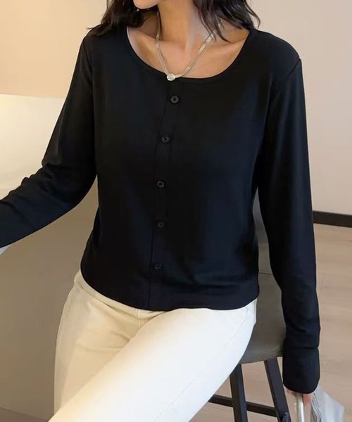 aimoha(アイモハ)の「ボタンデザインシンプルラウンドネック長袖トップス(Tシャツ/カットソー・レディース・ブラック/ホワイト/ダークグレー/チョコ/ワインレッド・FREE)」の13枚目の写真