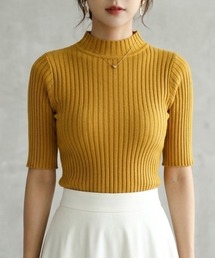 《9色展開》華奢見えリブは大人のためのトップス。きちんと感が出る 半袖 サマーニット 。肌ざわり抜群のスタンドカラーで上品な 夏服 オフィスカジュアルに