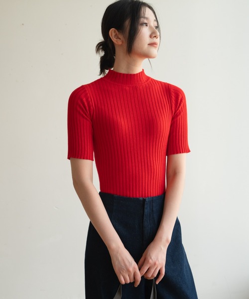 NKNIT 半袖ニットトップス レッド／赤 9色展開》きちんと感も、快適さも。大人のための夏服半袖