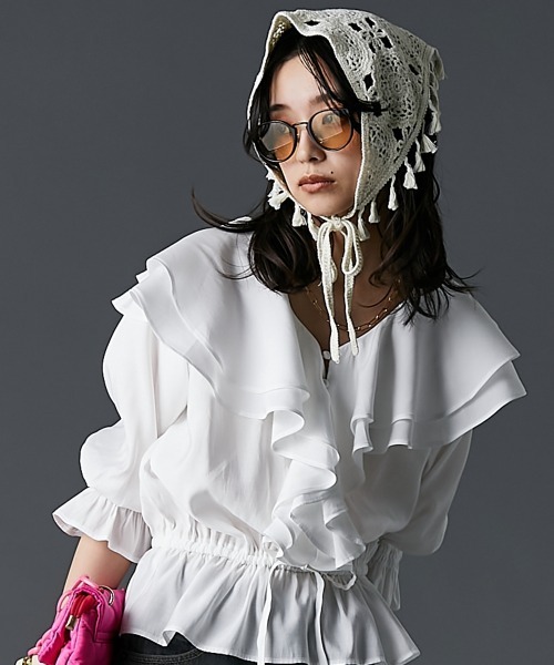 GEVS.（ジェイヴィス）の「フリルブラウス＜大きいサイズ有＞GEVS.（シャツ/ブラウス・レディース・オフホワイト/サックスブルー・3L/LL/L/M/5L/4L）」の15枚目の写真