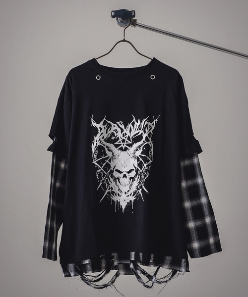tシャツ 「チェーンネックレス付き」オンブレチェック フェイクレイヤード Y2K トライバルロゴ ロングTシャツ レディース メンズ Revo.（レボ）の「【チェーンネックレス付き】オンブレチェック