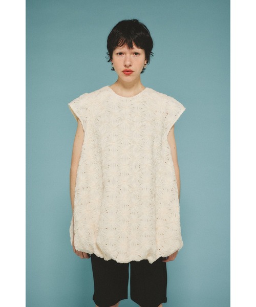 肩フラワーレース切替エアリーTシャツ Flower lace A-line tops フラワーレースAライントップス（T