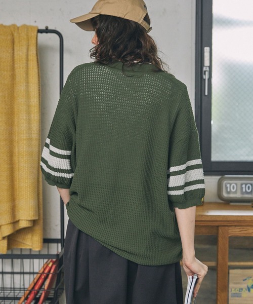 配色 袖ラインデザイン サマーニット ポロシャツ MONO-MART LADY'S