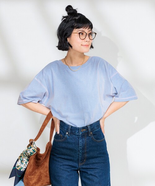 FREAK'S STORE(フリークスストア)の「<接触冷感>メランジ 2WAY VネックTシャツ/配色ステッチTシャツ【限定展開】(Tシャツ/カットソー・レディース・チャコールグレー/ブルーグリーン/サックスブルー・フリ-)」の2枚目の写真