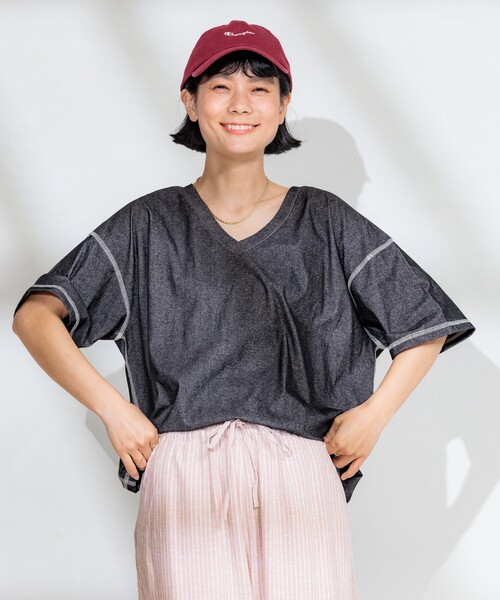 FREAK'S STORE(フリークスストア)の「<接触冷感>メランジ 2WAY VネックTシャツ/配色ステッチTシャツ【限定展開】(Tシャツ/カットソー・レディース・チャコールグレー/ブルーグリーン/サックスブルー・フリ-)」の16枚目の写真