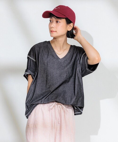 FREAK'S STORE(フリークスストア)の「<接触冷感>メランジ 2WAY VネックTシャツ/配色ステッチTシャツ【限定展開】(Tシャツ/カットソー・レディース・チャコールグレー/ブルーグリーン/サックスブルー・フリ-)」の17枚目の写真