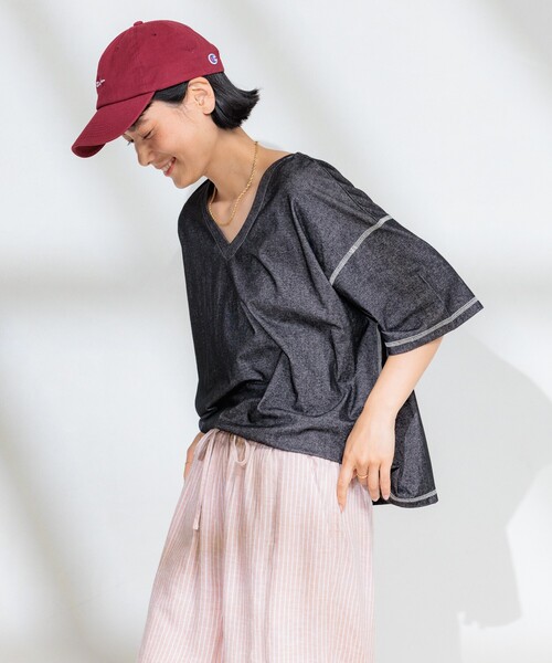 FREAK'S STORE(フリークスストア)の「<接触冷感>メランジ 2WAY VネックTシャツ/配色ステッチTシャツ【限定展開】(Tシャツ/カットソー・レディース・チャコールグレー/ブルーグリーン/サックスブルー・フリ-)」の18枚目の写真